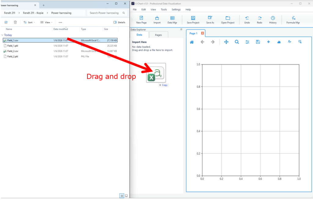 CSVファイルをEchartを起動した佐像パネルへドラッグアンドドロップでインポートするスクリEchartを起動した佐像パネルへCSVファイルをドラッグアンドドロップしている手順を示している画像ーンショット